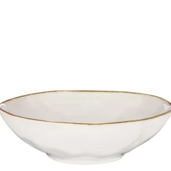 Keramik Schüssel, Tabo, handgefertigt, weiß, Rand braun, 9x30cm, Mica Decorations