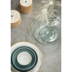 Keramik Schüssel, Tabo, handgefertigt, weiß, Rand braun, 9x30cm, Mica Decorations