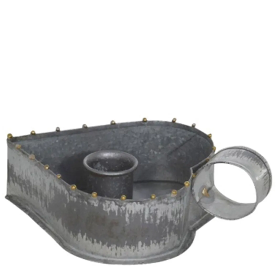 Kerzenhalter Herz used look, Zinkschale für Stabkerzen, Kammerleuchte mit Griff, 15x10cm