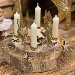 Kerzenhalter Holzring Hirsch, Adventskranz Hirsche mit Häuser und Tannenbäume, antikgold, Ø19cm