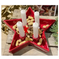Kerzenhalter Stern, Kerzenschale rot für 4 Stabkerzen 27x25cm, Steingut
