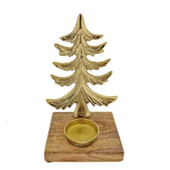 Kerzenhalter Tannenbaum Antik gold, Metallbaum auf Holzsockel, 20x12cm