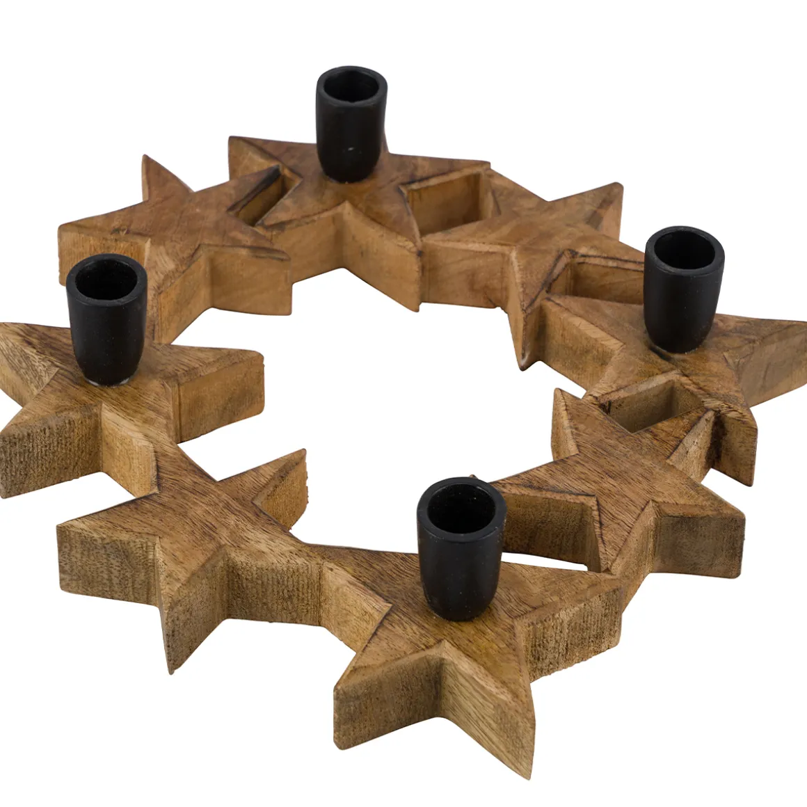 Kerzenhalter Sternenkranz, Holz-Metall-Kerzenhalter für 4 Stabkerzen in Sternform, natur-schwarz