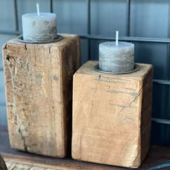 Kerzenständer Altholz, kleine rustikale Holzsäule für Teelichte oder Stumpenkerzen, 13cm, WMG Grünbe