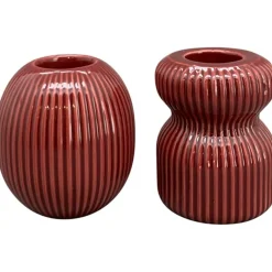 Kerzenständer Gent Ellipsoid, weinroter Kerzenhalter mit vertikaler Riffelung, Stabkerzenhalter aus Porzellan