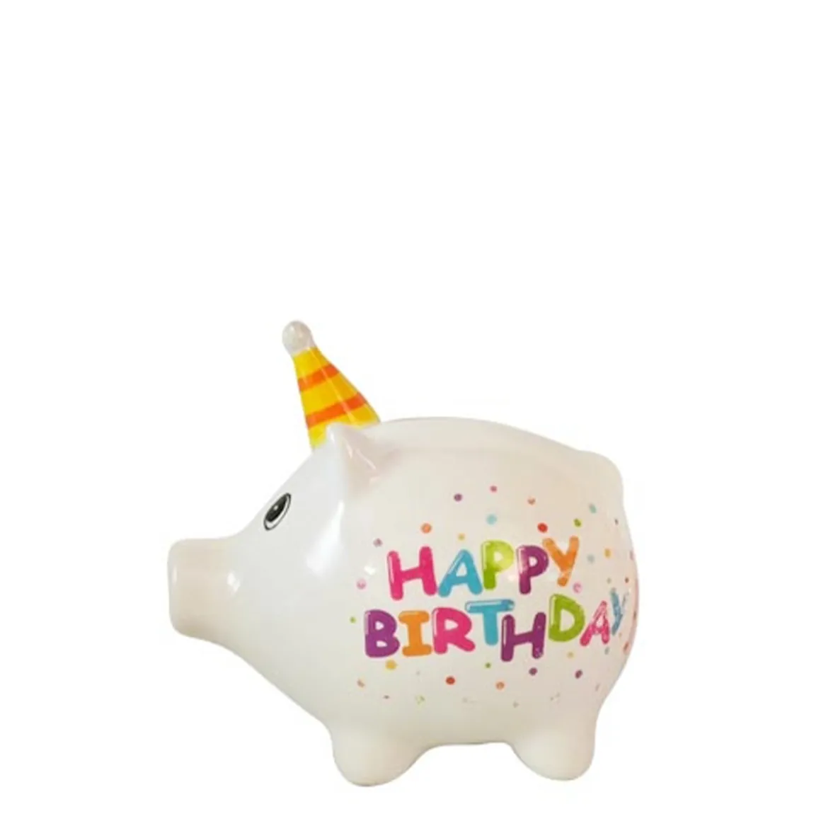 Kleine Spardose Party Schweinchen Happy Birthday, Sparschwein weiß mit Partyhut, Keramikspardose