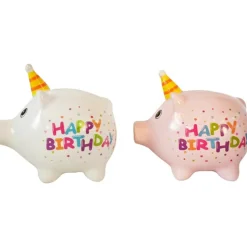Kleine Spardose Party Schweinchen Happy Birthday, Sparschwein weiß mit Partyhut, Keramikspardose