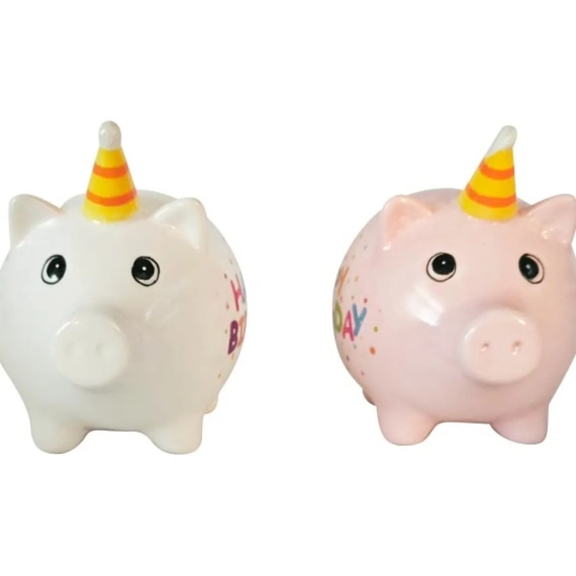Kleine Spardose Party Schweinchen Happy Birthday, Sparschwein weiß mit Partyhut, Keramikspardose