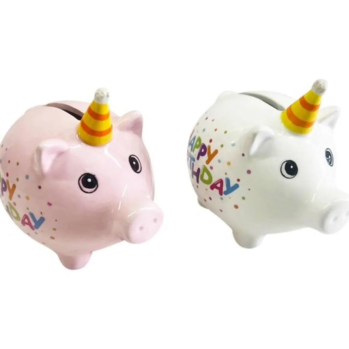 Kleine Spardose Party Schweinchen Happy Birthday, Sparschwein weiß mit Partyhut, Keramikspardose