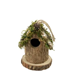 Kleines Deko Vogelhäuschen Natur, Holzhäuschen rund mit Moos, Naturholz und Zapfen, 9x10cm