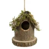 Kleines Deko Vogelhäuschen Natur, Holzhäuschen rund mit Moos, Naturholz und Zapfen, 10x12cm