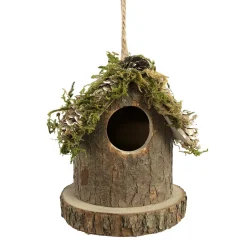 Kleines Deko Vogelhäuschen Natur, Holzhäuschen rund mit Moos, Naturholz und Zapfen, 10x12cm