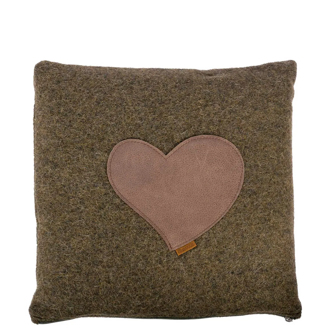 Landhaus Loden Kissen "Herzerl" moosgrünes Filzkissen mit Lederapplikation Herz, 42x42cm