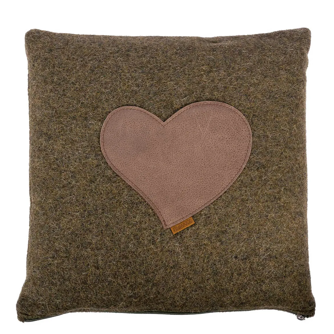 Landhaus Loden Kissen "Herzerl" moosgrünes Filzkissen mit Lederapplikation Herz, 42x42cm