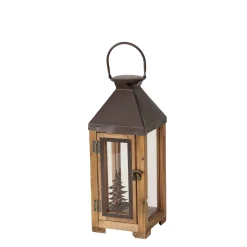 Laterne Finnley, Holzlaterne mit Metalldach und Tannenbaum, 40cm, Boltze Home Collections