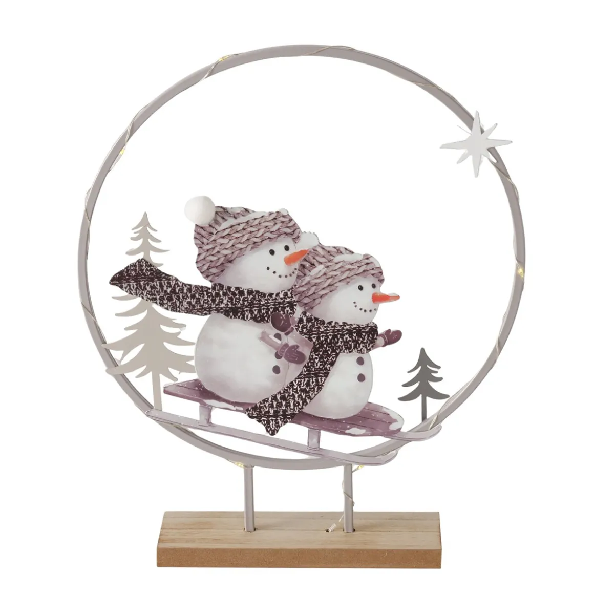 LED Winter-Aufsteller Frosty: lustige Schneemänner auf Schlitten, beleuchtet, Boltze Home Collections
