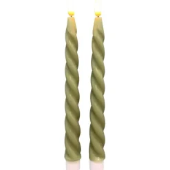 LED Stabkerze Lumiere olivegrün, Wachskerze gedreht, Timerfunktion, Set/2