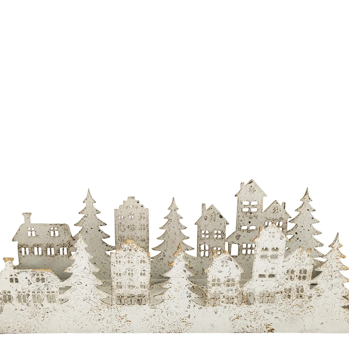 LED Windlicht Häuser und Tannenbäume, Metallwindlicht Winter, cremeweiß, 17cm