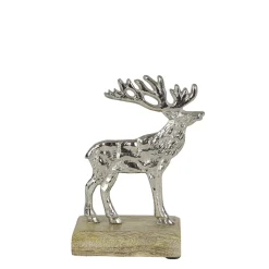 Metallhirsch auf Holzsockel, Metallhirsch silber beschlagen, 12cm