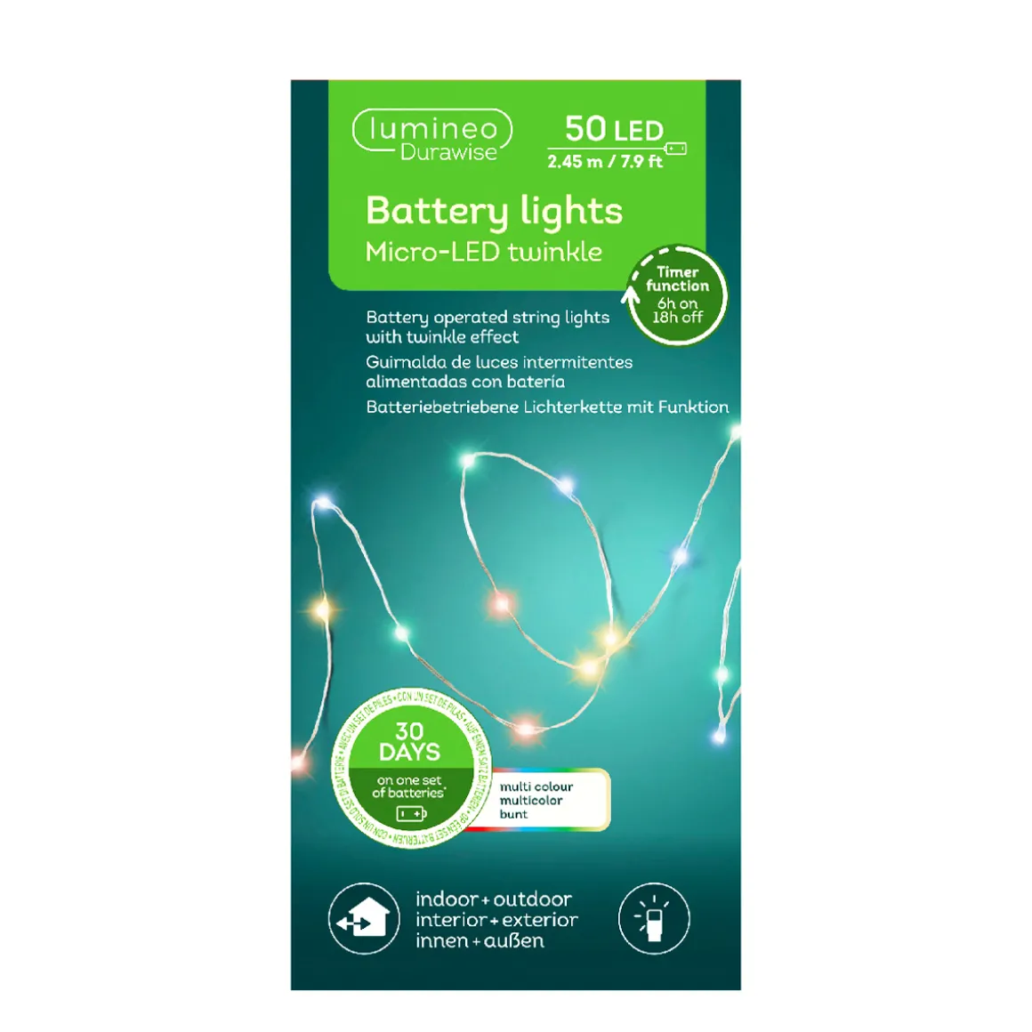 Micro LED Lichterkette, Strangbeleuchtung, bunt, 50 LED, 245cm, Batteriebetrieb, Lumineo