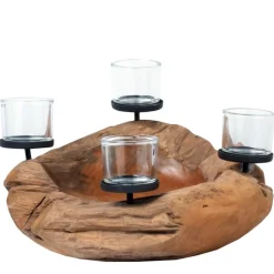 Naturholz Adventsschale Teak unfinish, rustikale Kerzenschale mit 4 Teelichtgläser, Ø50cm, WMG Grünberger