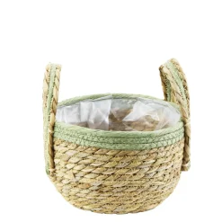 Pflanzkorb Seegras natur, Übertopf mit Henkel natur mit grünem Rand, 14cm, Naturkorb