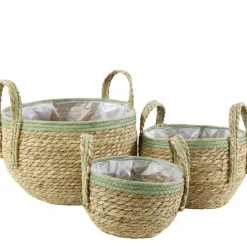 Pflanzkorb Seegras natur, Übertopf mit Henkel natur mit grünem Rand, 24cm, Naturkorb