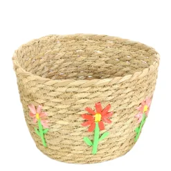 Pflanzkorb Seegras mit Blumen, Übertopf natur mit Blumen, 19x13cm, Naturkorb