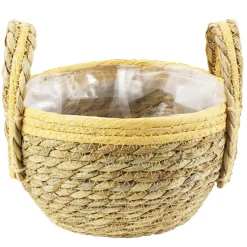 Pflanzkorb Seegras natur-helles orange, Übertopf mit Henkel, Naturkorb mit Folie ausgekleidet, 23x30