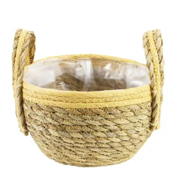 Pflanzkorb Seegras natur-helles orange, Übertopf mit Henkel, Naturkorb mit Folie ausgekleidet, 18x25