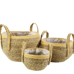 Pflanzkorb Seegras natur-helles orange, Übertopf mit Henkel, Naturkorb mit Folie ausgekleidet, 18x25