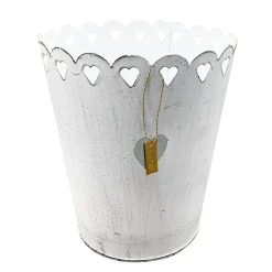 Pflanztopf Shabby Chic weiß mit Herzen, Metalltopf weiß used look, 13x15cm