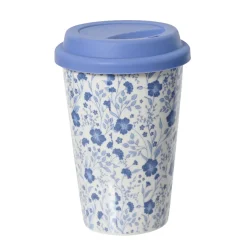 Porzellanbecher Blümchen To Go, Becher mit Deckel, blau-weißes Blumenmuster