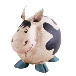 Spardose Kuh used look, Sparschwein Kuh weiß-schwarz mit blauen Hufen, Metallspardose