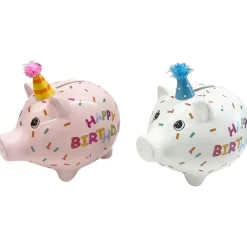 Spardose Party Schweinchen Happy Birthday, Sparschwein rosa mit Partyhut, Keramikspardose