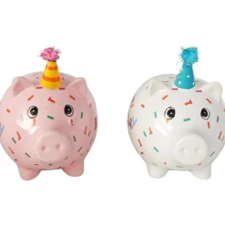 Spardose Party Schweinchen Happy Birthday, Sparschwein weiß mit Partyhut, Keramikspardose