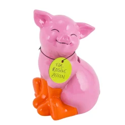 Sparschwein mit orangen Stiefel, grinsendes rosa Keramikschweinchen, 11x17cm