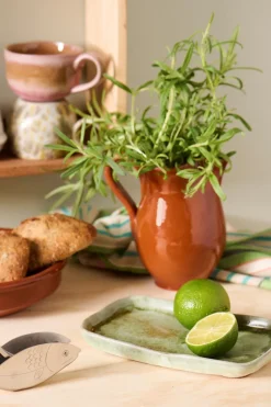 Tablett moosgrün, rustikale Steingutschale länglich, 20cm, Ib Laursen