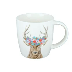 Tasse Hirsch mit Blumen, Henkelbecher mit Hirschkopf und Blumenkranz, Porzellantasse, 380ml, Gilde Handwerk