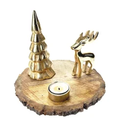 Teelichthalter Hirsch, Holztablett mit Hirsch und Tannenbaum, gold, Ø22cm