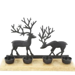 Teelichthalter Hirsche, Adventsleiste aus Holz mit Metallhirsche, schwarz-natur, 34cm