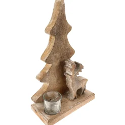 Teelichthalter Tannenbaum, Holzbaum mit Hirsch und Teelichtglas, 35cm