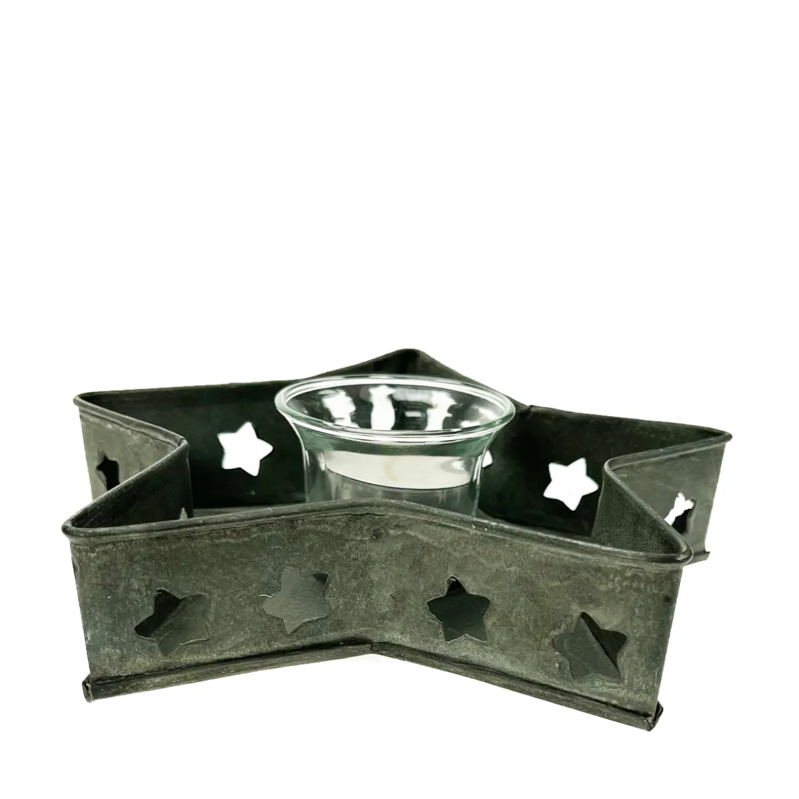 Teelichthalter Weihnachten grau used look, Zinkstern, Zinkschale mit Sterne