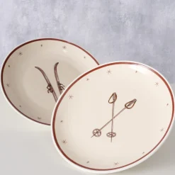 Teller Mountains Skistöcke, Keramikteller Winter, Ø21cm, Keramik, Boltze Home Collections