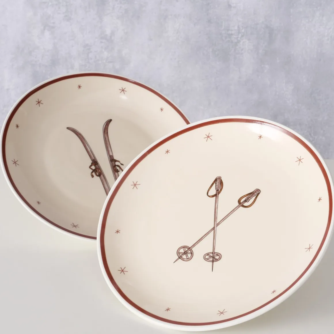 Teller Mountains Skistöcke, Keramikteller Winter, Ø21cm, Keramik, Boltze Home Collections