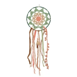 Traumfänger Boho gehäckelt, Dreamcatcher mit Pompons und Schnüre, grün-lachs