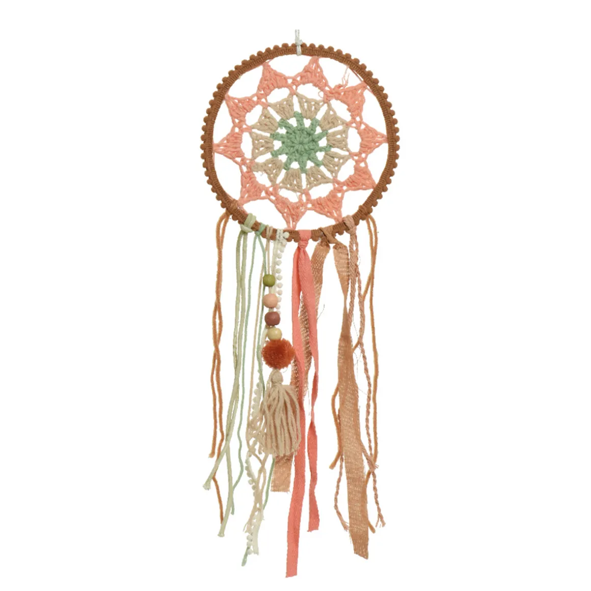 Traumfänger Boho gehäckelt, Dreamcatcher mit Pompons und Schnüre, braun-lachs