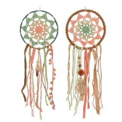Traumfänger Boho gehäckelt, Dreamcatcher mit Pompons und Schnüre, braun-lachs