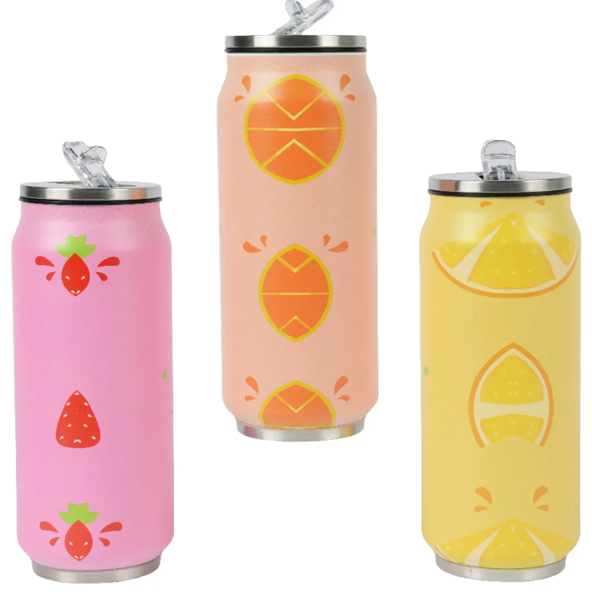 Trinkflasche lustige Früchte, Edelstahlflasche Obst, Früchtedesign, 18x7cm