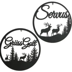 Wandobjekt Hirsch Ludwig, Metallschild mit Spruch: Servus, Ø50cm, Boltze Home Collections